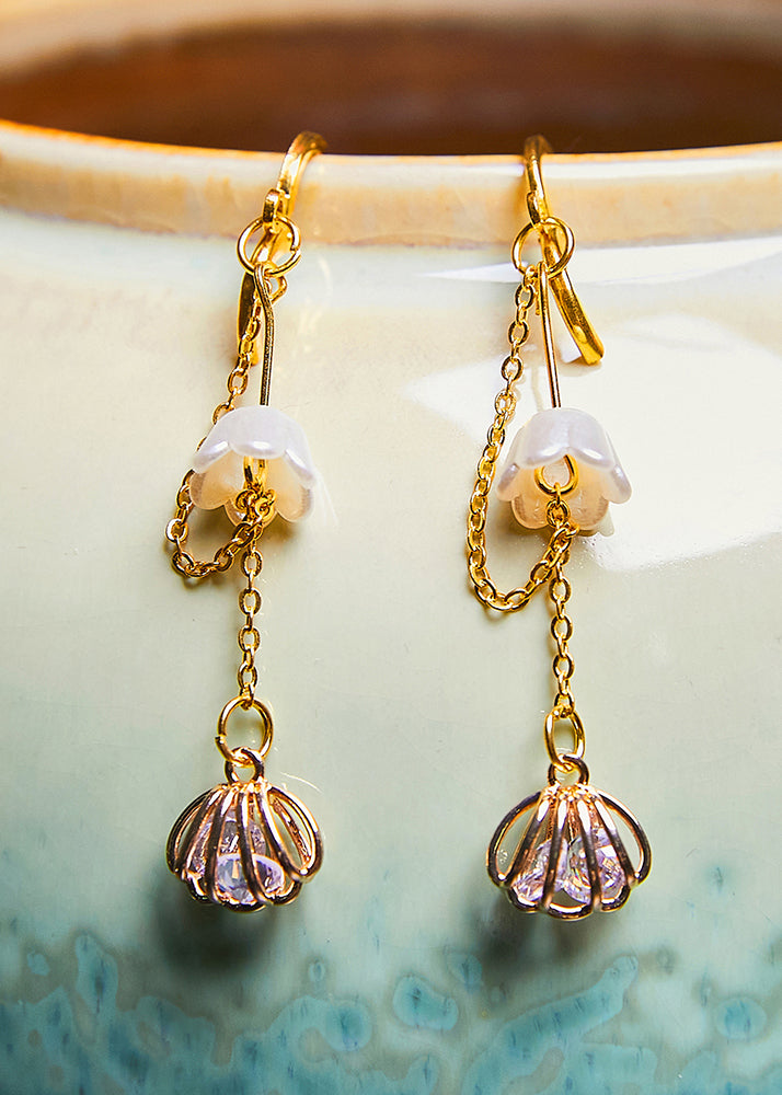 VCSHOES Bud Wrap Zircon 14K Gold Tassels Drop Earrings