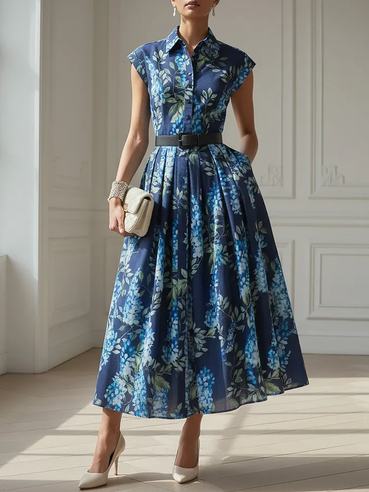 Maxi Linen Dress, Cap Sleeves, Shawl Collar, Floral, Button Design, Vacation, Vintage, Blue