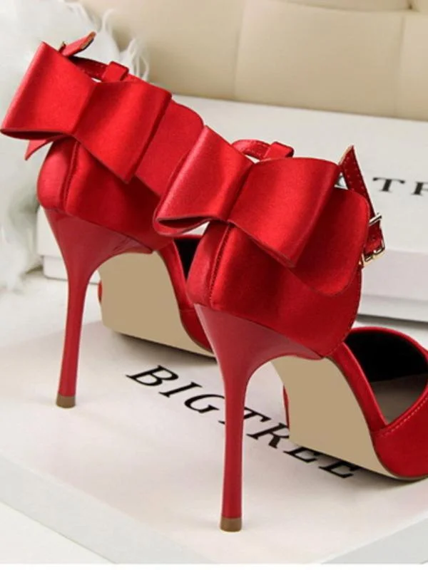 Stiletto high heel shallow pointy satin hollow back bow sandals