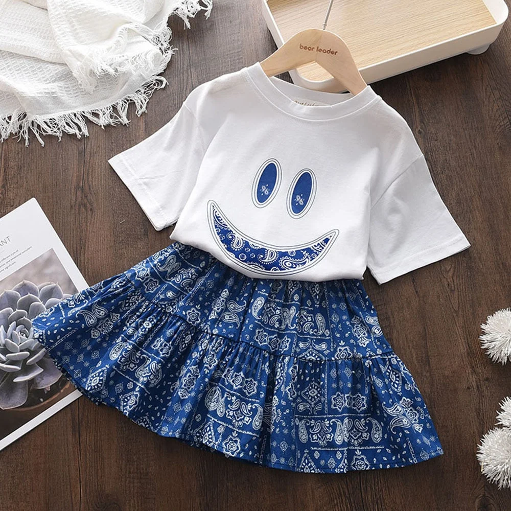 Bear Leader Suit Children's Suit Summer New Girl Smiling Face Flower Short-sleeved T-shirt Top + Short Skirt Two-piece Skirt