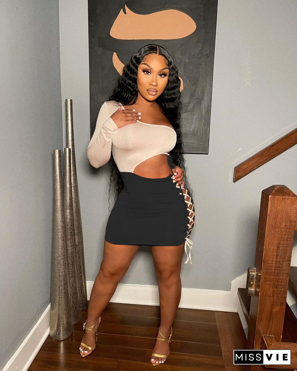 Summer Outfit Fashion Patchwork One Shoulder Long Sleeve Hollow Out Bandage Bodycon Mini Dresses