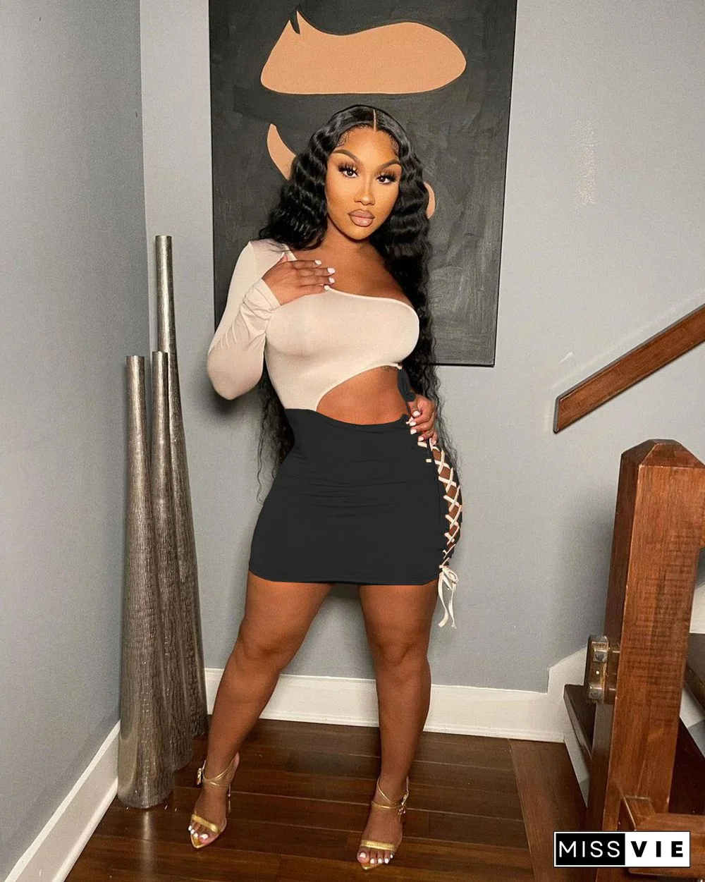 Summer Outfit Fashion Patchwork One Shoulder Long Sleeve Hollow Out Bandage Bodycon Mini Dresses