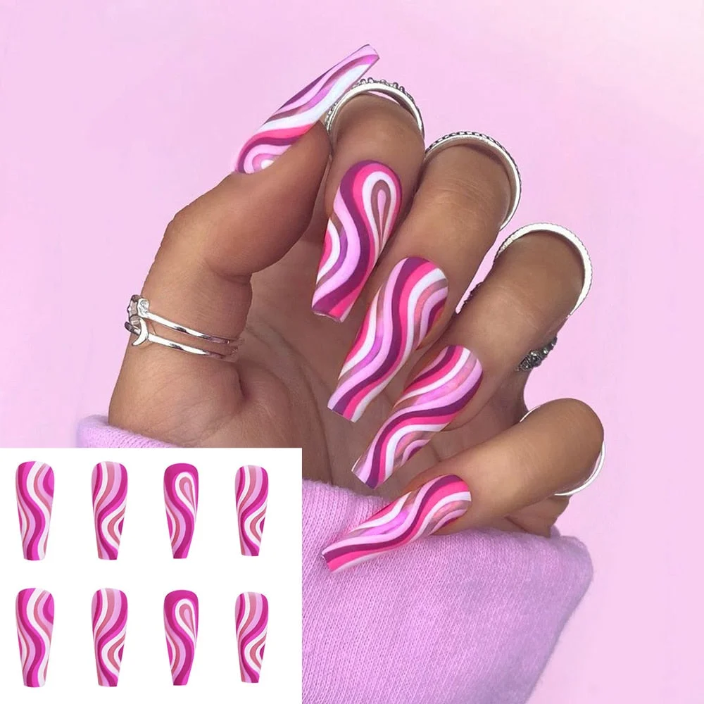 24Pcs/Box Detachable Almond Pink And White False Nails Wavy Style Stiletto Fake Nails Ballerina Coffin Full Cover Manicure Tool 406-Nail Inspo