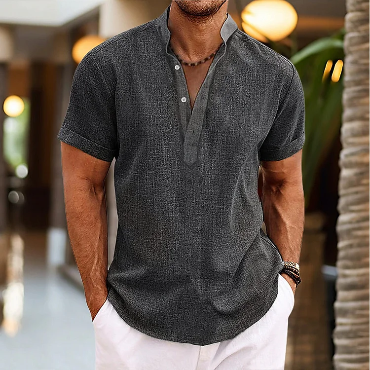 Solid Stand Collar Half Placket Button Short Sleeve T-Shirt