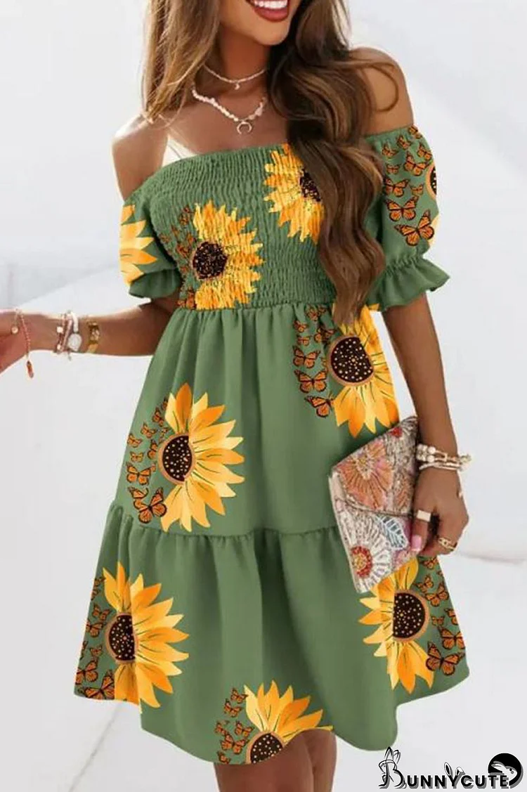 Green Fashion Sweet Print Patchwork Fold Off the Shoulder A Line Dresses