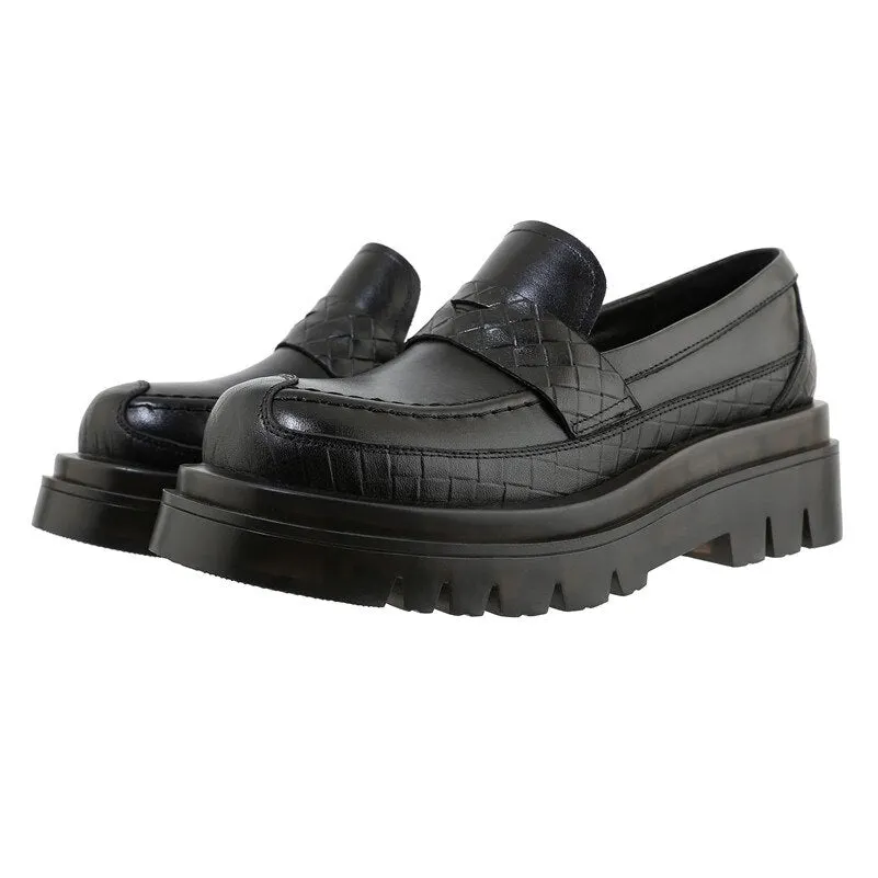 Meotina Loafers Shoes Woman Natural Genuine Leather Flat Platform Shoes Round Toe Casual Flats Female Footwear Spring Black 42