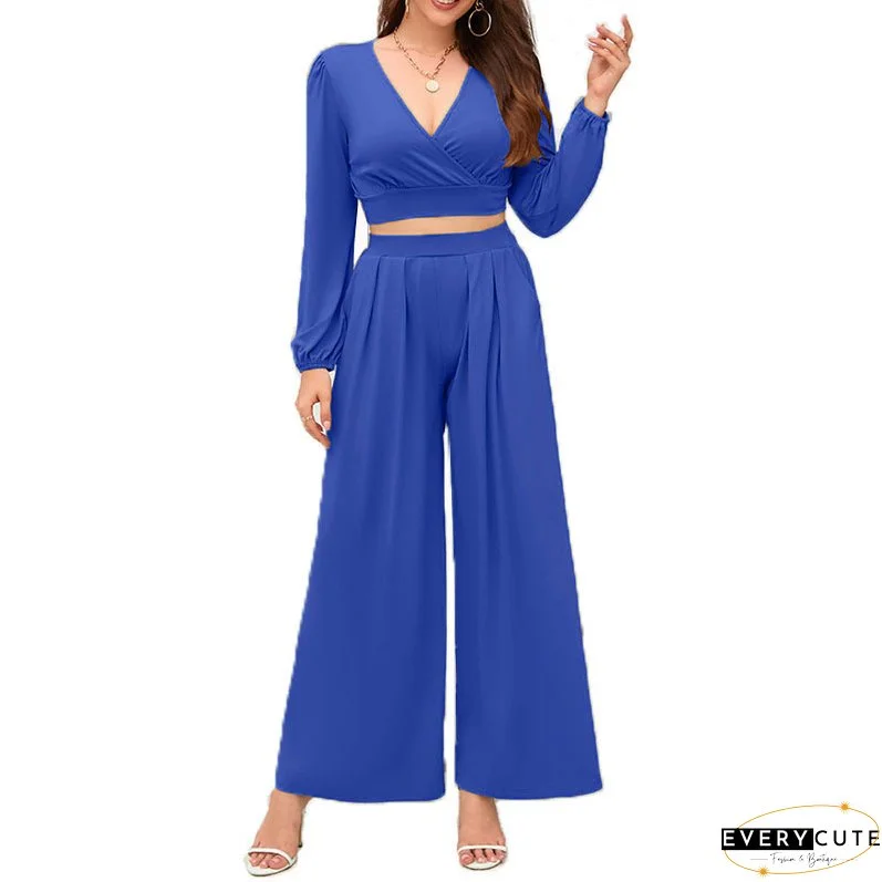 Plus Size Women V-neck long-sleeved Top and high-waisted loose wide-leg pants two-piece set