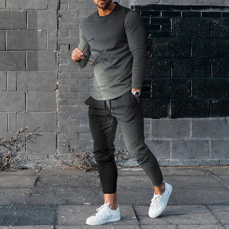 Men's Personality Gradient Casual Long Sleeve T-Shirt And Pants Co-Ord