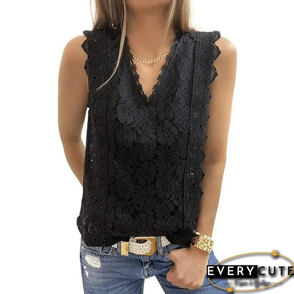 V Neck Ruffled Lace Hollow Shirt