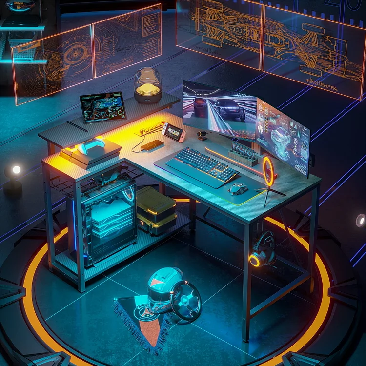 Bestier Small L Shaped Desk with Charging Port & LED Strip,Modern Computer Desk with Reversible Storage Shelves,Corner Desk with Hooks for Bedroom Office Studio Workstation