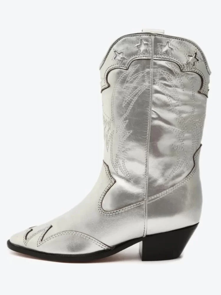 Metallic Silvery Star Eagle Embroidered Cowgirl Wide Mid Calf Boots 