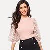 SHEIN Pink Lady Elegant Bishop Sleeve Lace Floral Appliques Rib-Knit Tee Women Spring Casual High Street Fashion Tshirt Tops