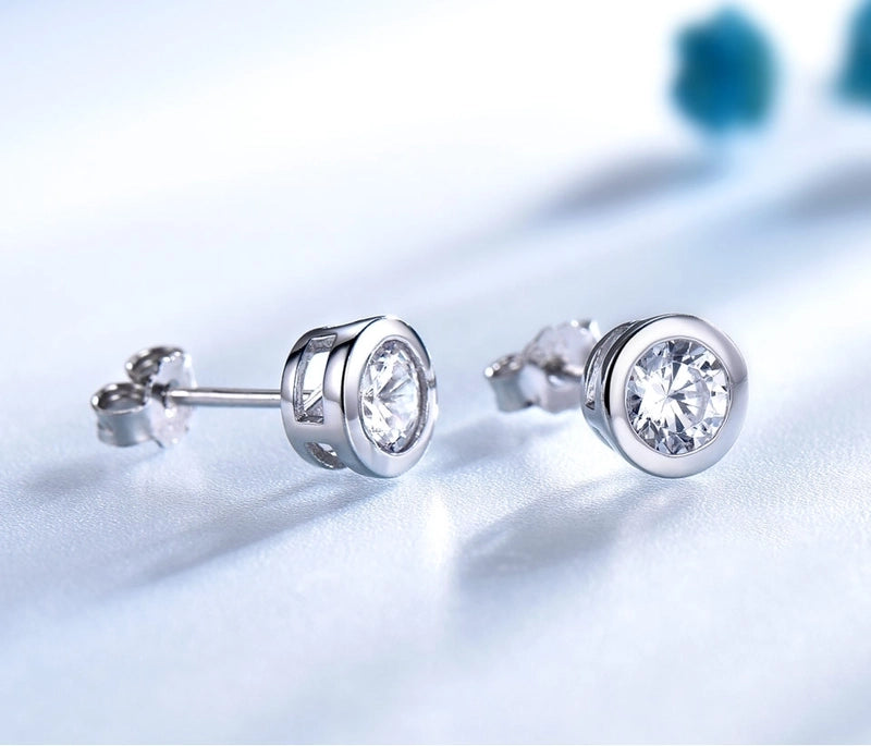 925 Sterling Silver Silver ZIRCON Round EARRINGS Stud Earrings