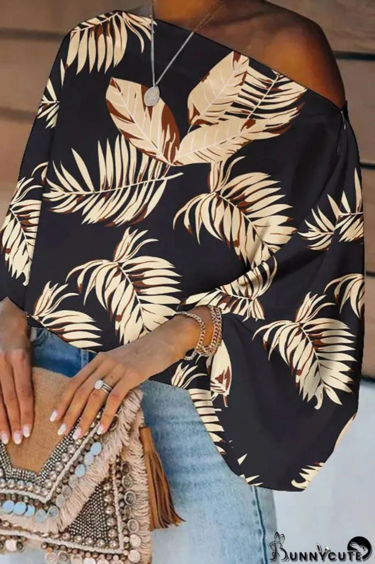 Black khaki Fashion Casual Print Patchwork Off the Shoulder Tops