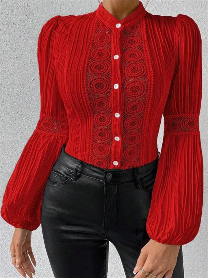 Spring Women's New Fashion Lace Lantern Long-sleeved Solid-color Stand-up Collar Shirts-JRSEE