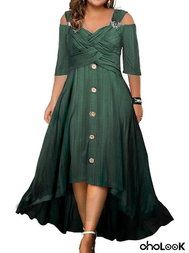 Plus Size Party Dress Swing Dress A Line Dress Solid Color Long Dress Maxi Dress Half Sleeve Button Twist Strap Fashion Party Green Summer Spring L XL XXL 3XL 4XL for Women