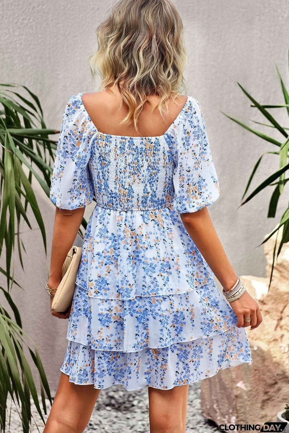 Smocked Square Neck Balloon Sleeve Mini Dress