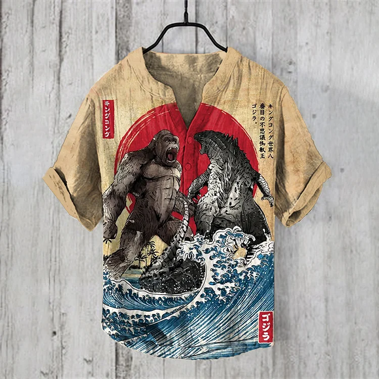 Vintage Godzilla Vs. King Kong Japanese Art Linen Blend Shirt