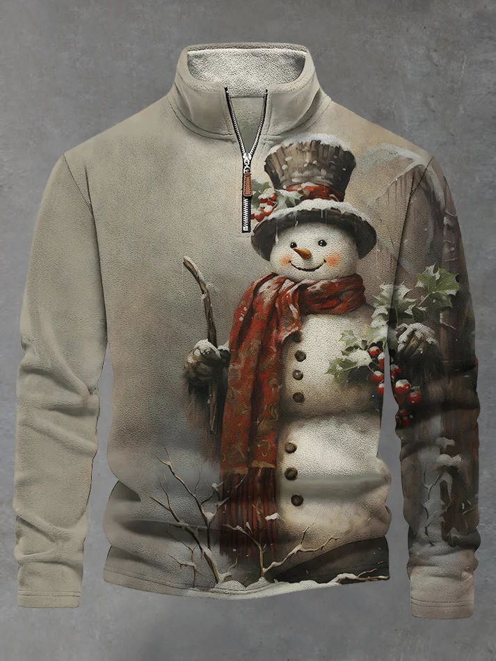 Men's Snowman Holly Christmas Print Casual Half Zip Sweatshirt