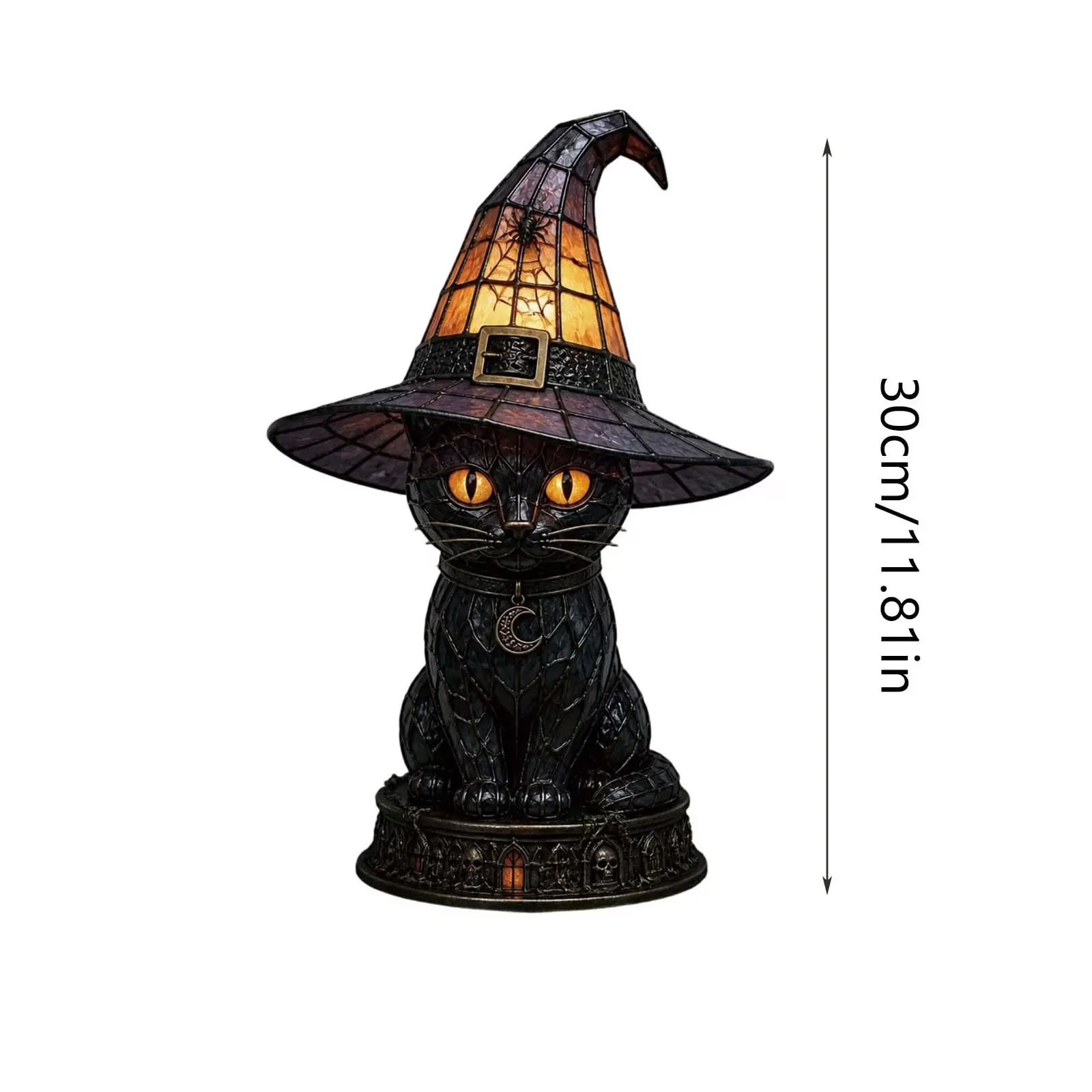 Tiffany Stained Glass Witch Cat Lamp Lit in Dark