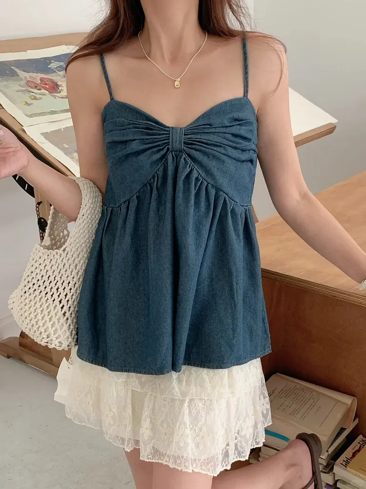 Denim Bow Cami Babydoll Top