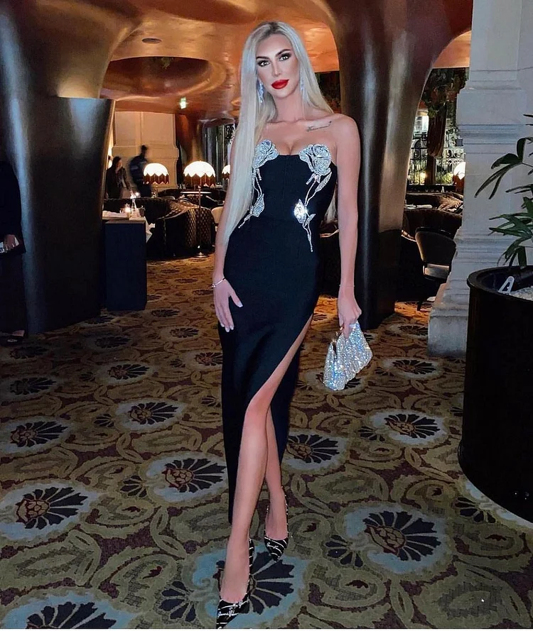 Black Rhinestone Decor Side Slit Dress