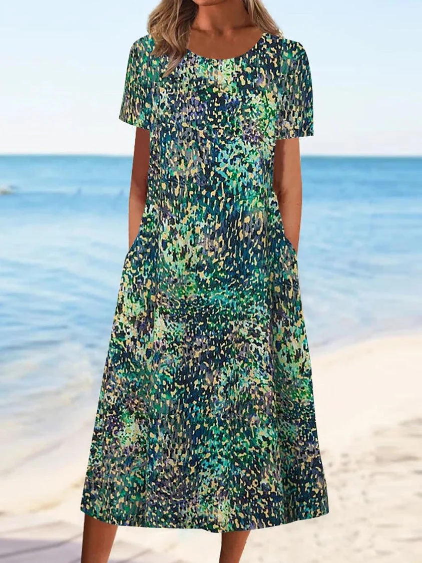 Women's Short Sleeve Scoop Neck Floral Printed Maxi Dress