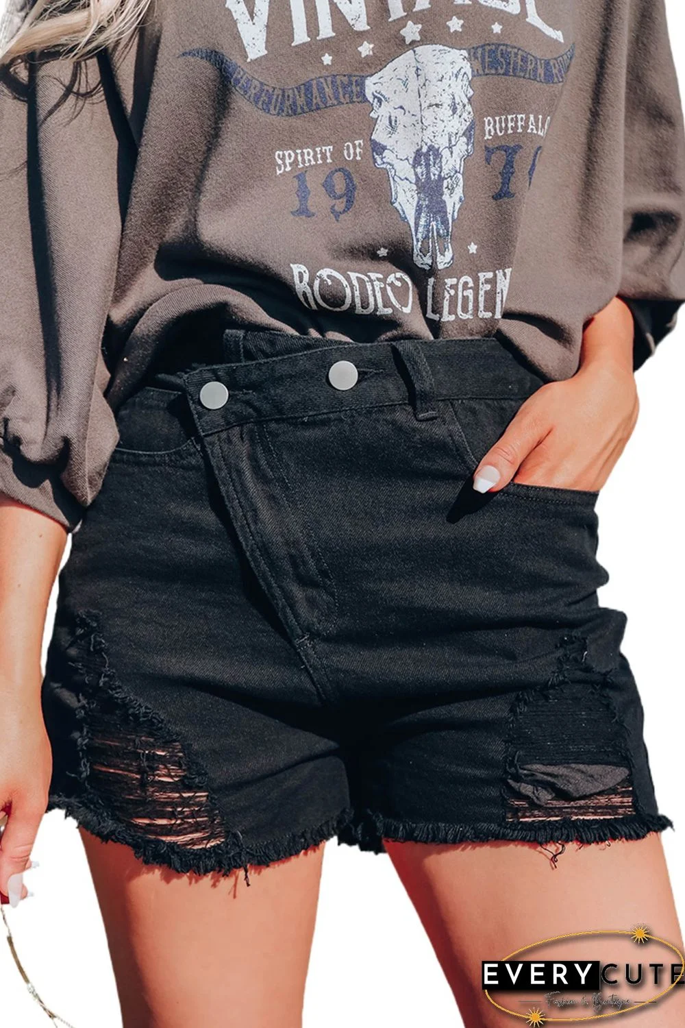 Black Asymmetrical Ripped Denim Shorts