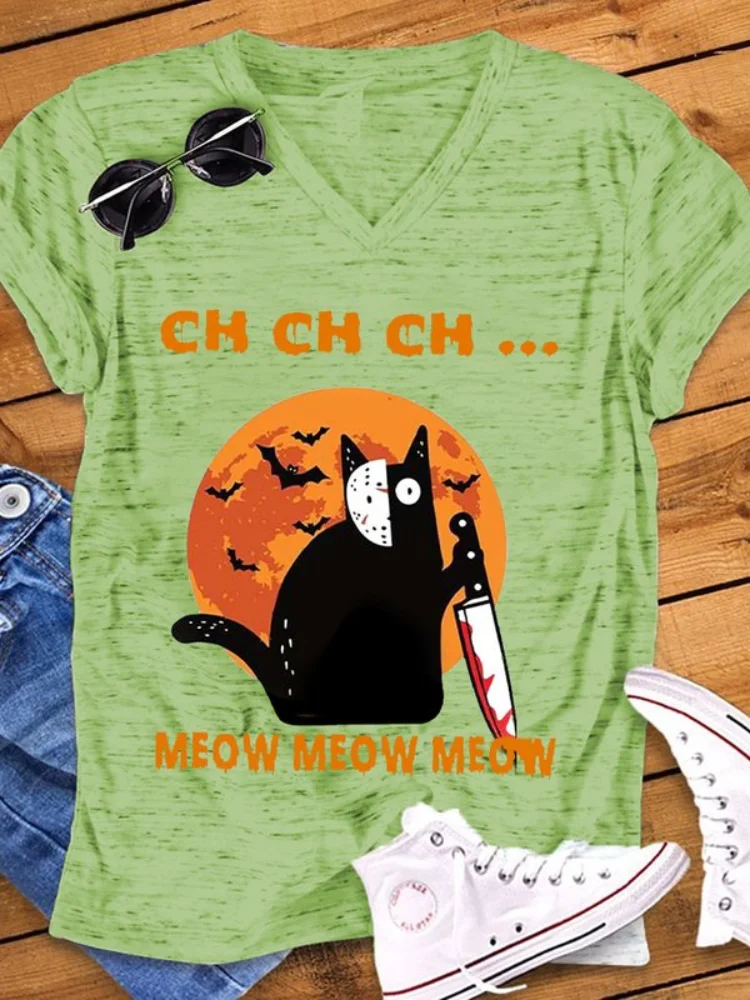 Halloween Bat Black Cat Print Casual V Neck T Shirt