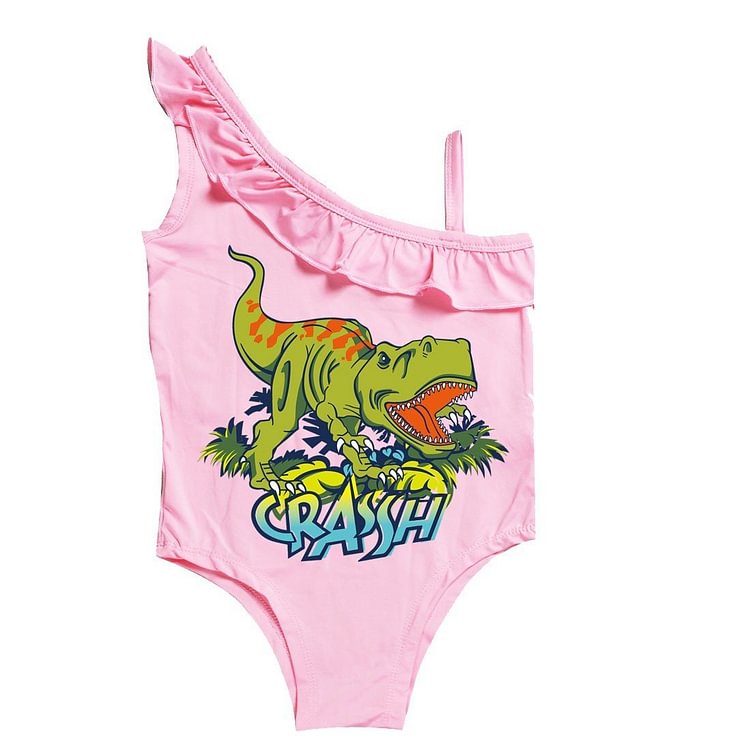 Mayoulove Girls Dinosaur Print One Ruffle Shoulder One Piece Swimsuit-Mayoulove