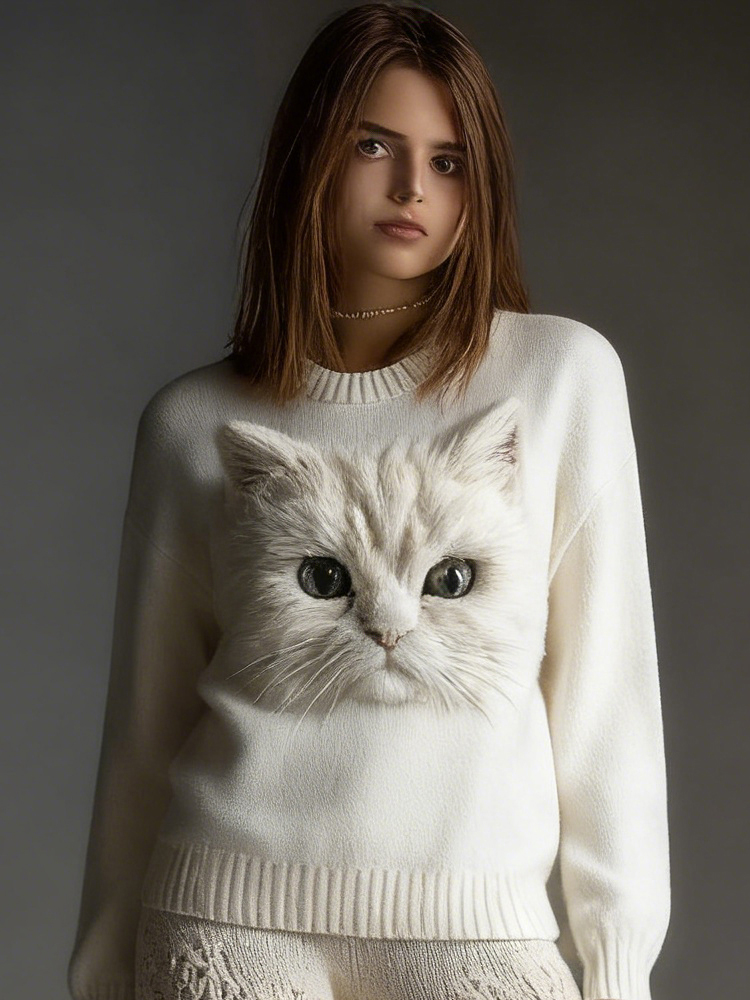 Cute Fuzzy Cat Art Round Neck Comfy Knit Sweater elevenforest