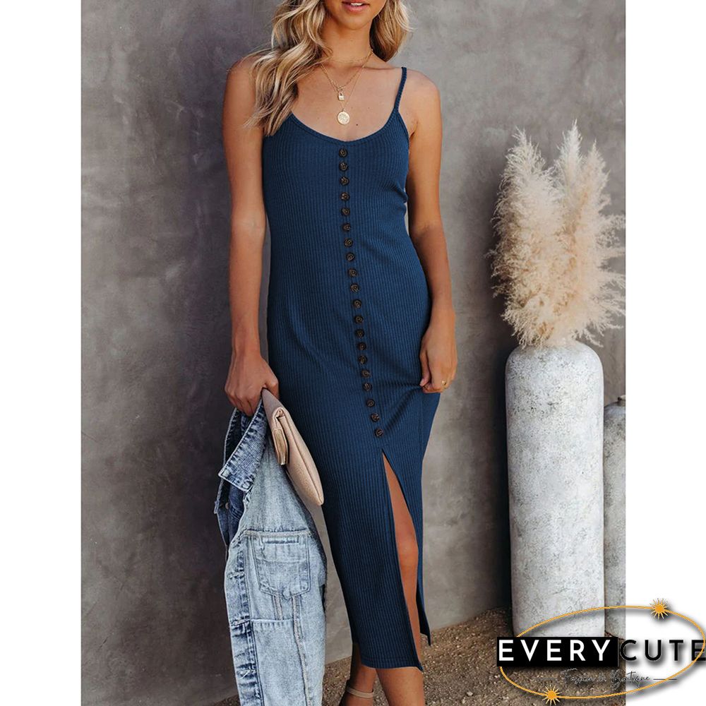Navy Blue Button Detail Split Ribbed Bodycon Dress