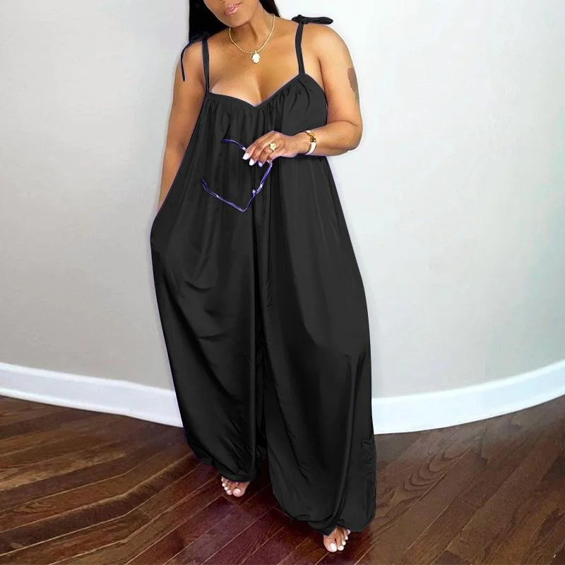 Summer Jumpsuits 2022 VONDA Women Office Wide Leg Pants Female Harem Pants Sleeveless Solid Color V Neck Pleated Long Jumpsuits