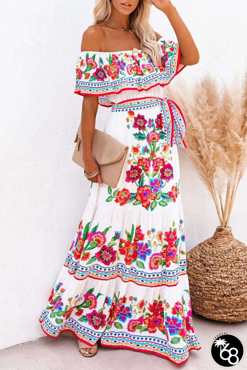 Fashion Street Print Patchwork Off the Shoulder A Line Dresses | 168DEAL