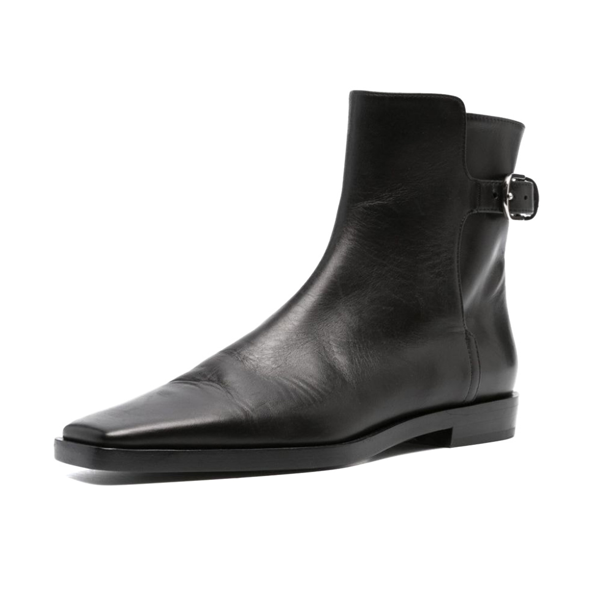 Black Buckle Strap Square Toe Flat Pull-On Ankle Boots for Women Nicepairs