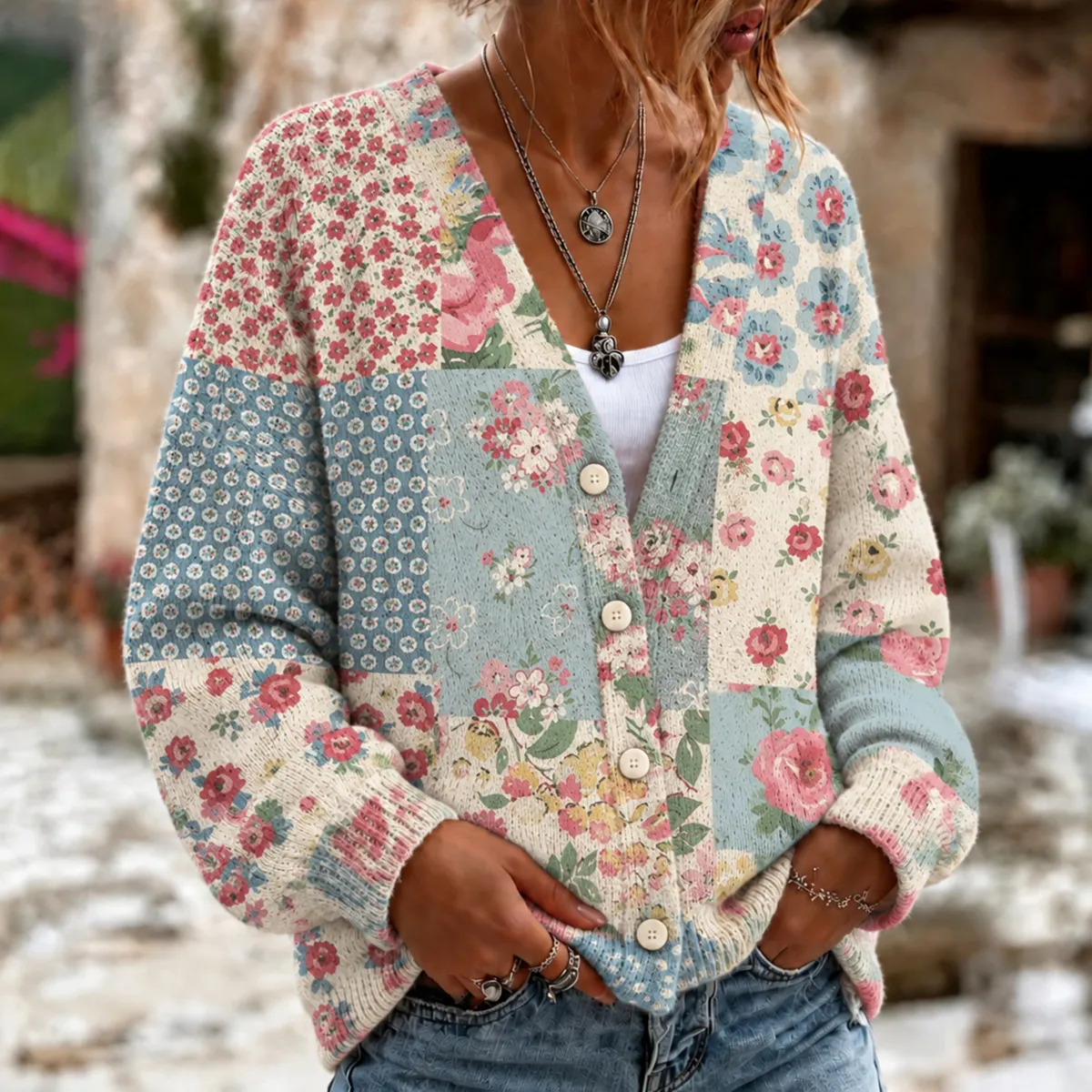 Comstylish Women's Retro Floral Pattern Art Casual Knit Cardigan