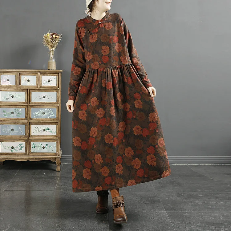 Autumn Retro Print Cotton Linen Loose Dress