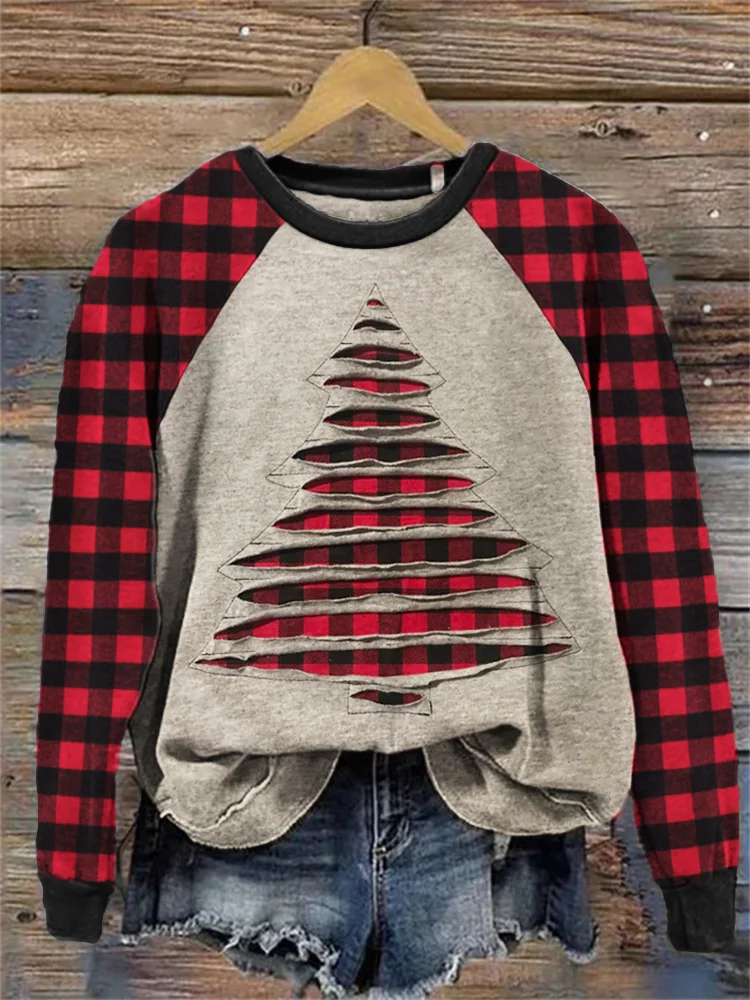 Christmas Tree Check Textile Art Raglan Sweatshirt