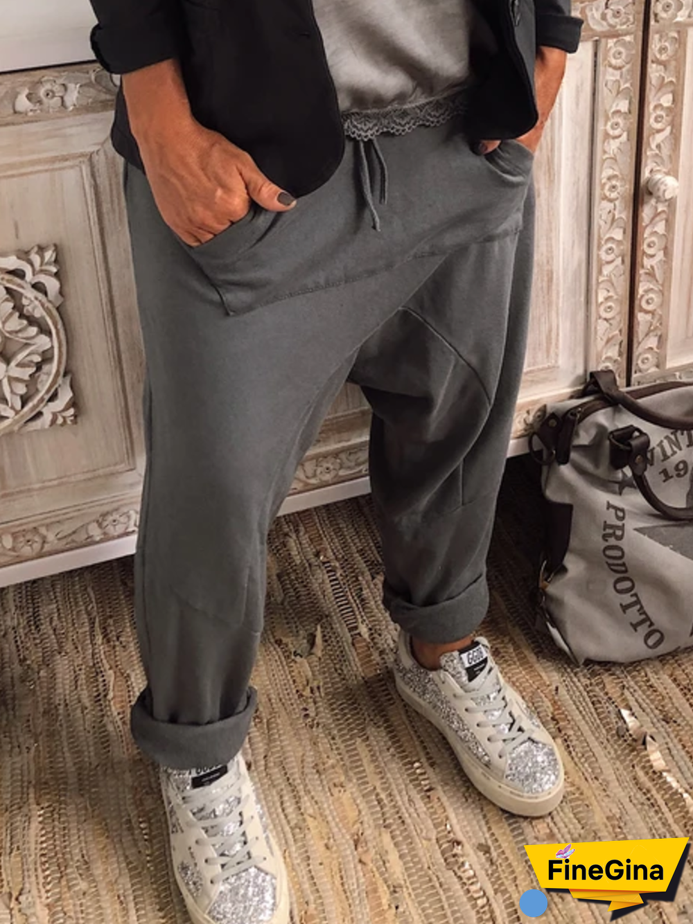 Solid Cotton-Blend Casual Pockets Pants