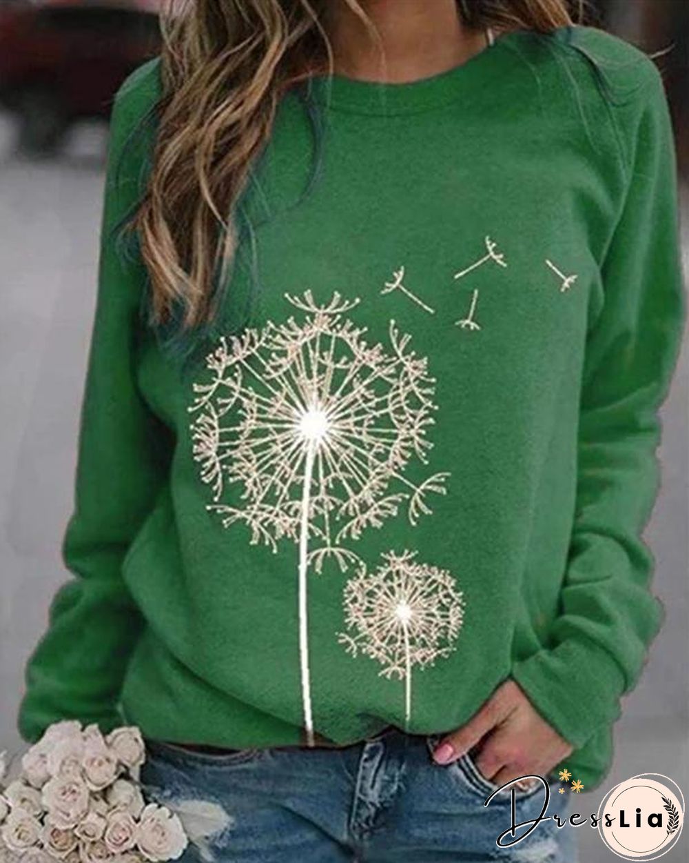 Dandelion Printed Round Neck Casual Loose Sweater