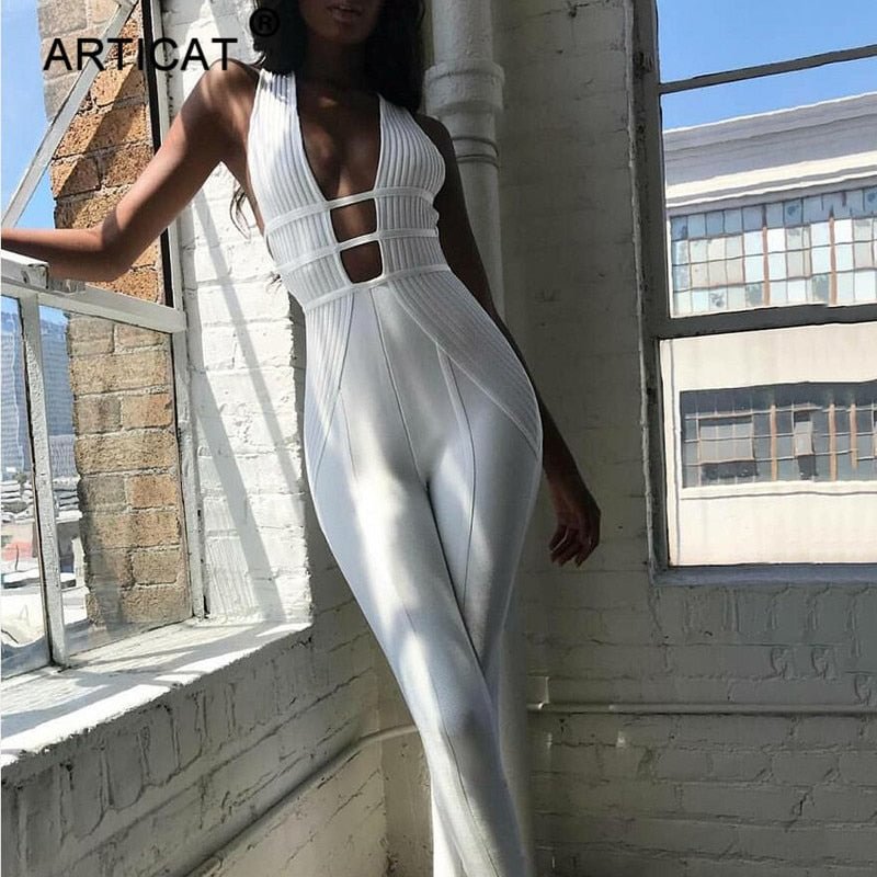 Articat Cotton Sexy Hollow Out Bodycon Jumpsuit Women Sleeveless Backless Skinny Rompers Womens Jumpsuit Summer Party Playsuit