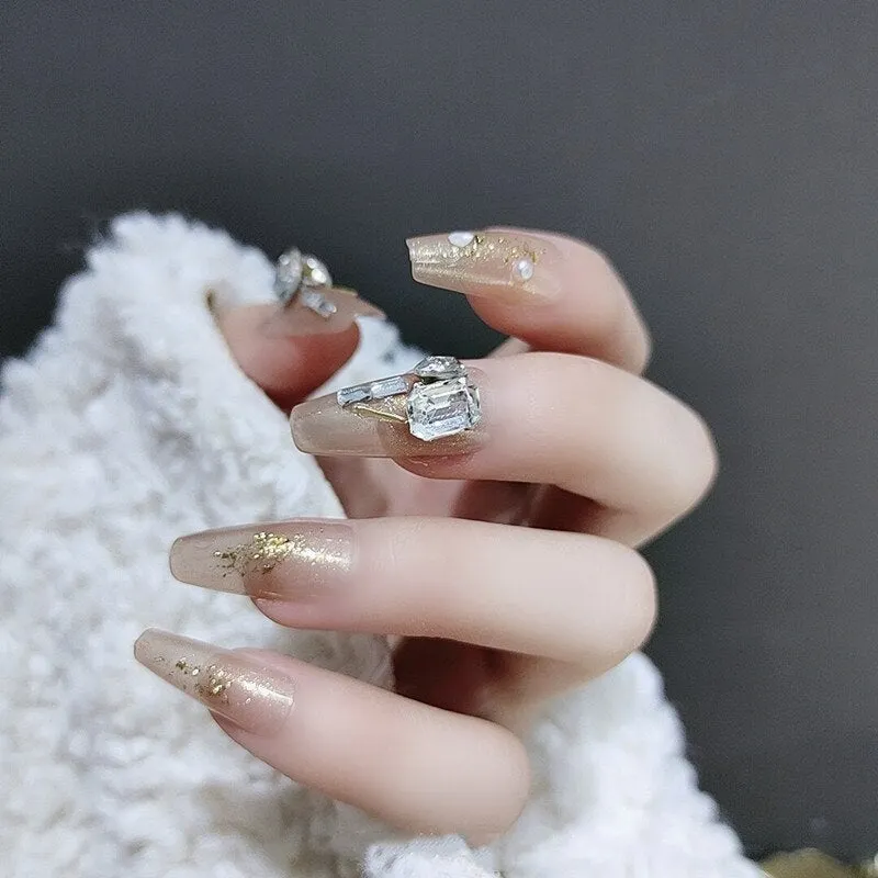 24PCS Fake Nail Exqusite Pearl Decor Girls Mid Length Coffin Ballet Press On Nails Full Cover Fake Nail Long Paragraph Fake Nail-Nail Inspo