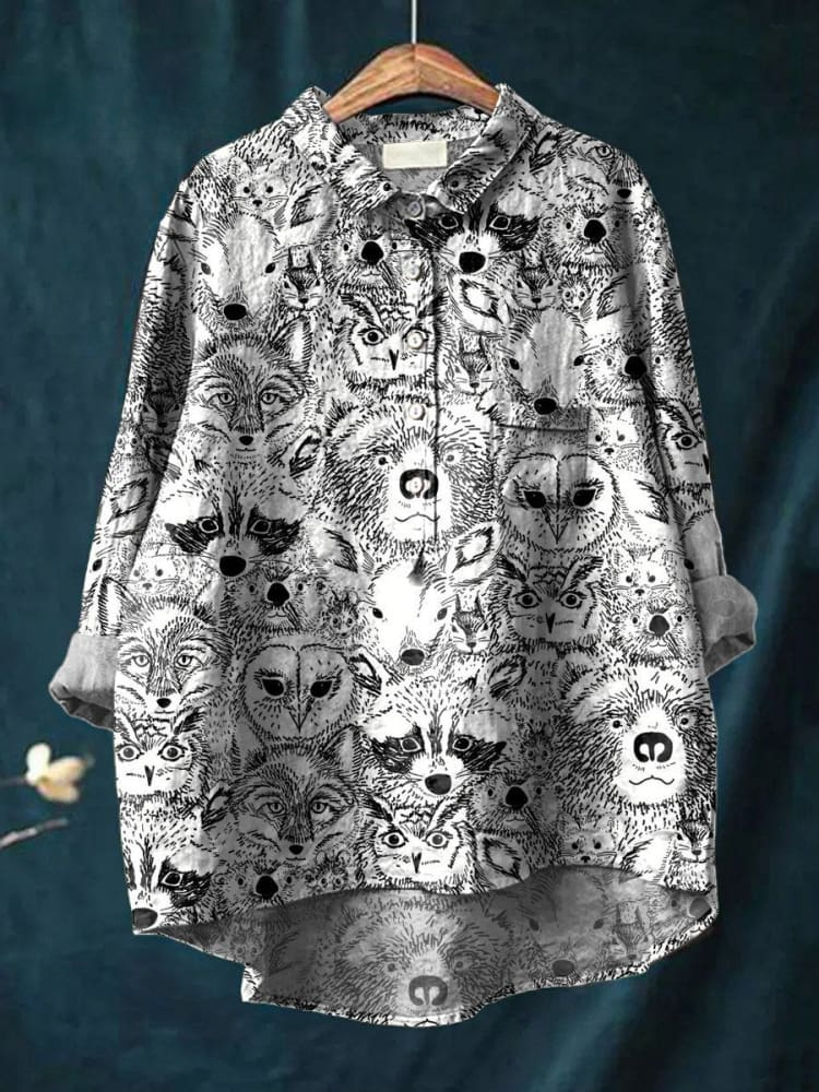 Vintage Funny Animals Art Print Casual Cotton And Linen Shirt
