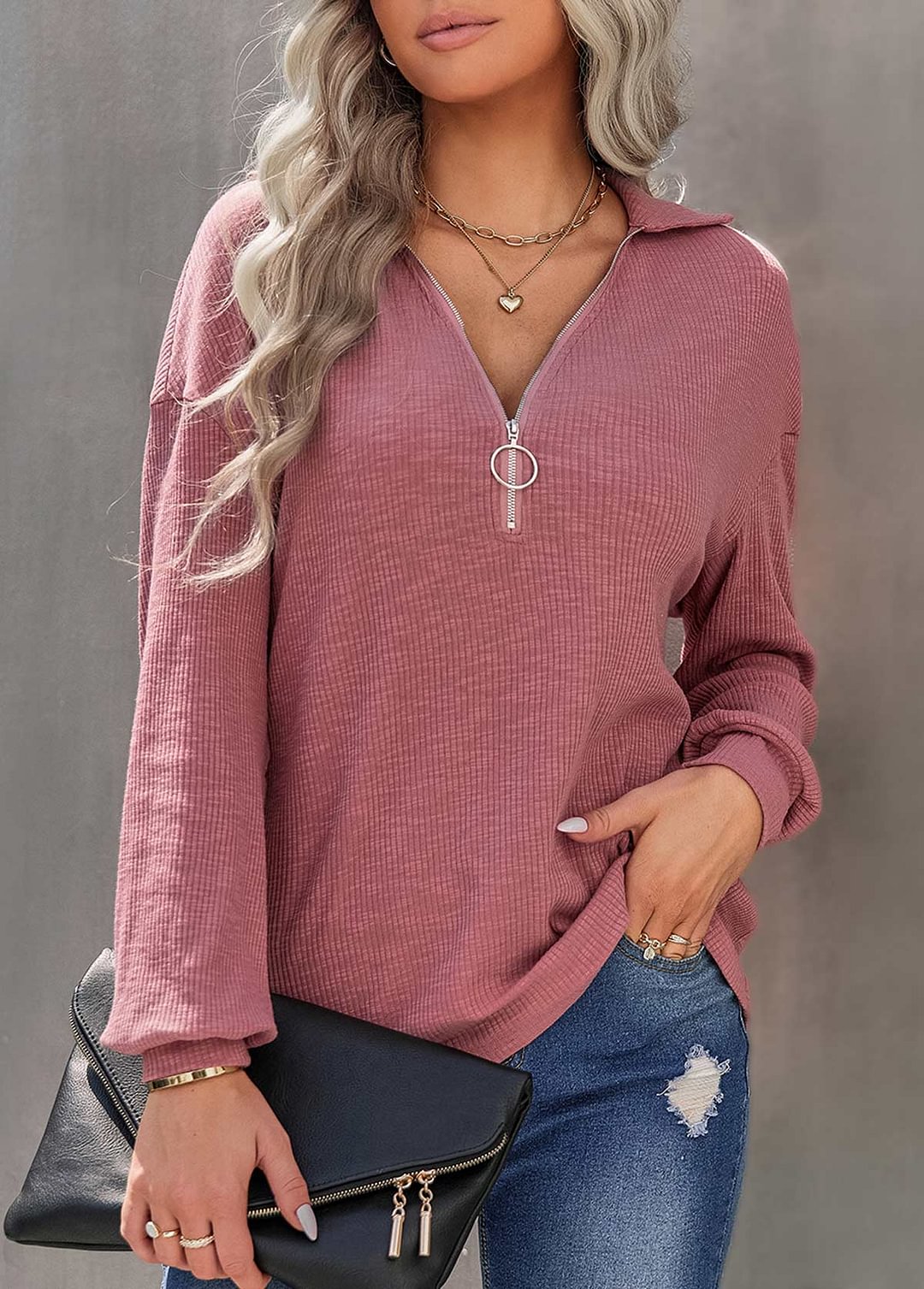 Quarter Zip Pink Long Sleeve Sweatshirt
