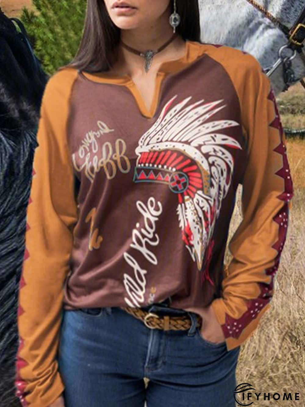 Color Block Crew Neck Cotton-Blend Blouse | IFYHOME