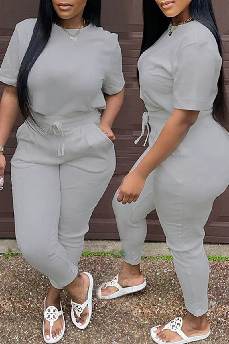Grey Sexy Solid Patchwork O Neck Short Sleeve Two Pieces | EGEMISS