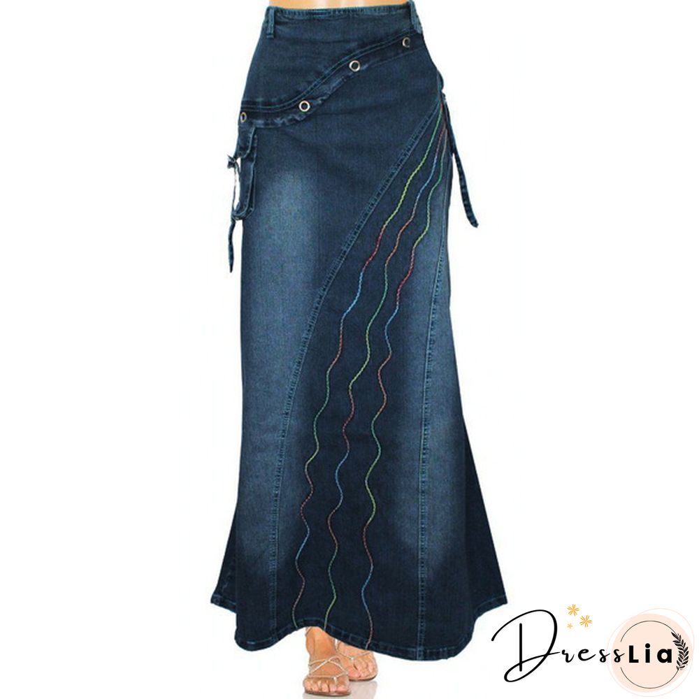 Women Fashion Casaul Stretch Cargo Denim Skirt Bell Skirt Floor Length Washed Denim Jeans Skirt Plus Size