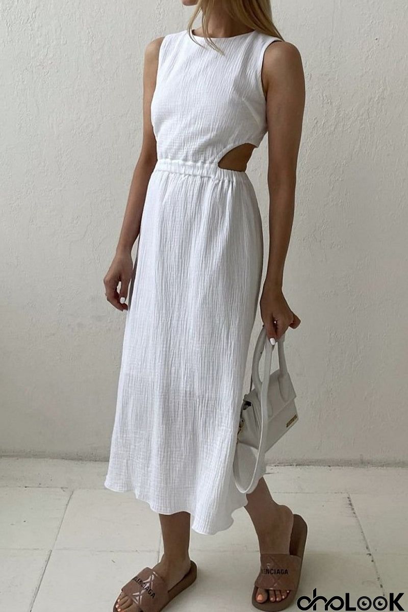 Casual Simplicity Solid Buckle O Neck Sleeveless Dress Dresses