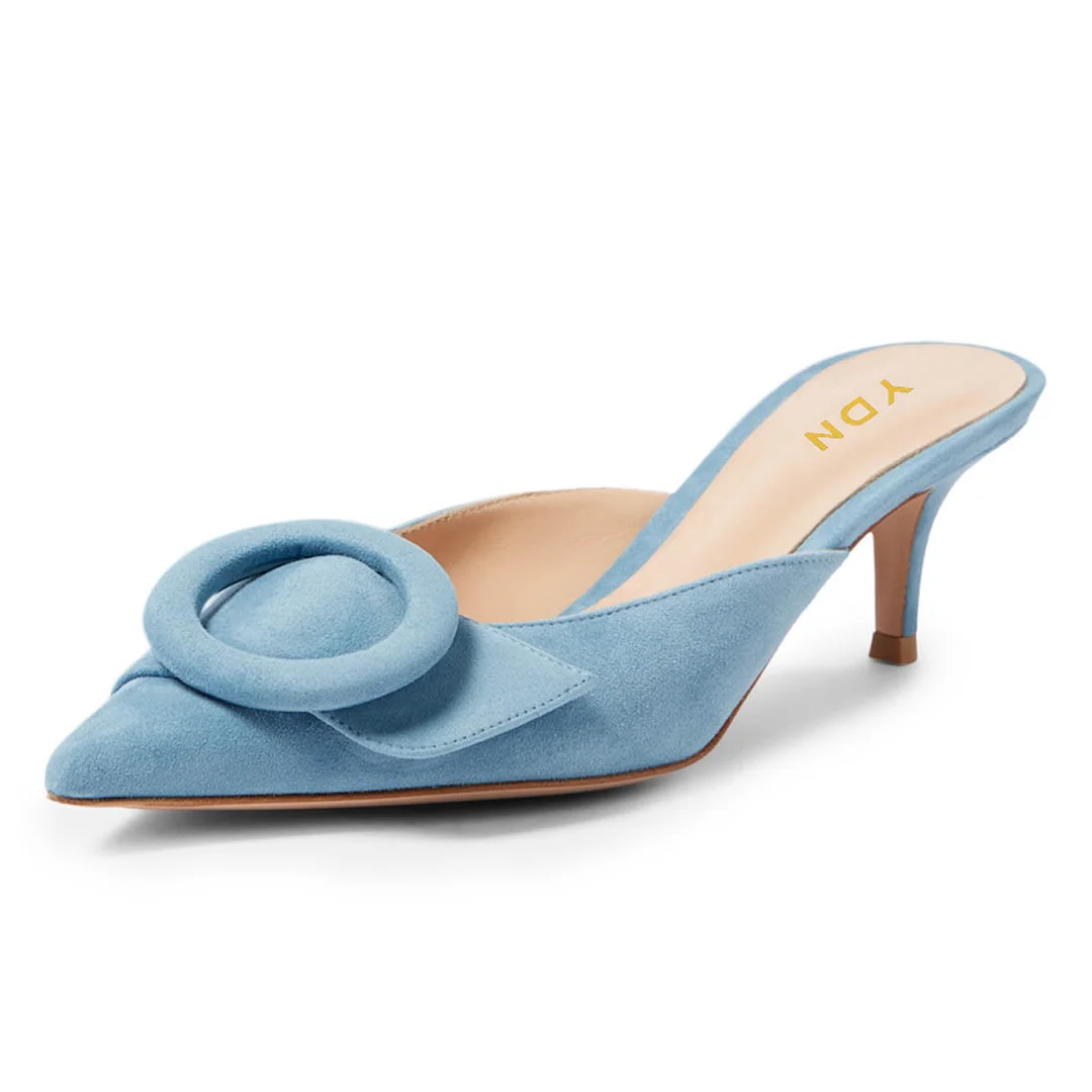 Light Blue Vegan Suede Stiletto Heel Mules Shoes with Pointed Toe