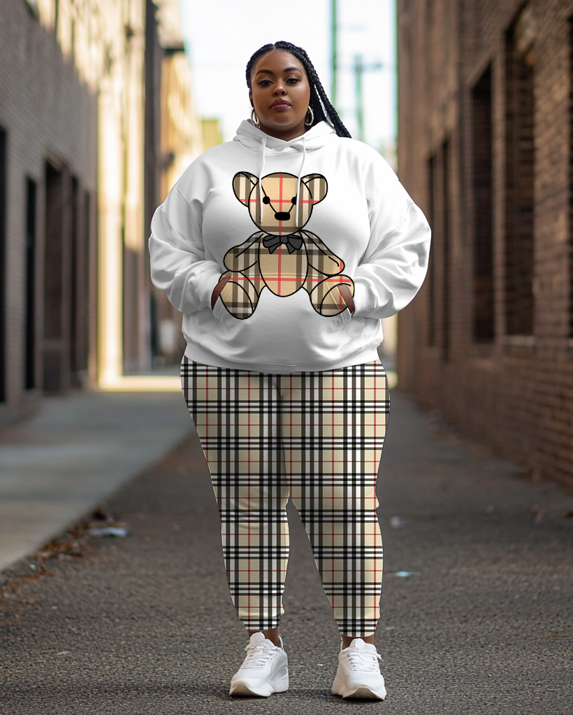 Classic Striped Brown Bear Print Long Sleeve Hoodie Two Pieces Set